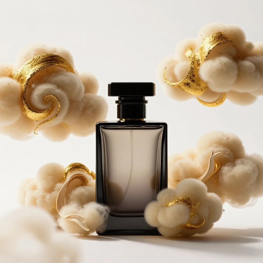 An elegant dark glass perfume bottle surrounded by golden oud and creamy vanilla. The background is bright and inviting.