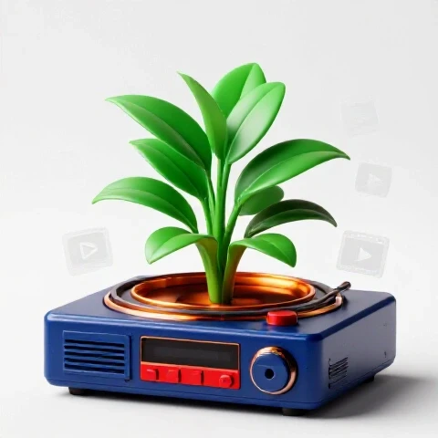 A vibrant emerald-green plant blooms from an old dusty video player, surrounded by faded video icons on a bright white background.
