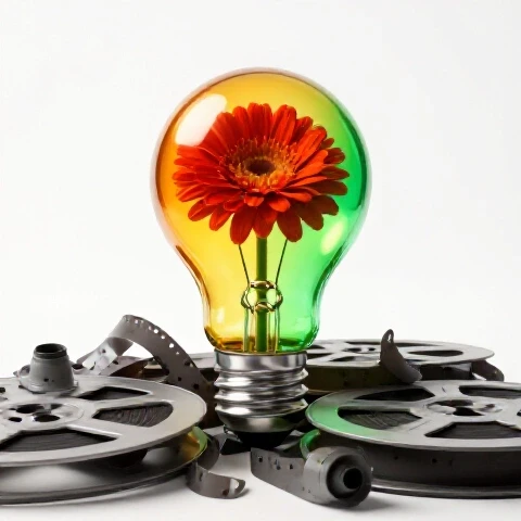 A vibrant lightbulb bursts from a pile of crumpled film reels, glowing with rich amber and green hues.