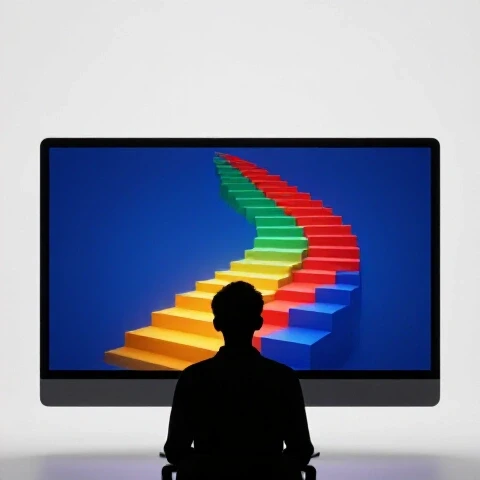 A central desk scene with a glowing path of colorful ascending steps emerging from a monitor, symbolizing creative motivation.