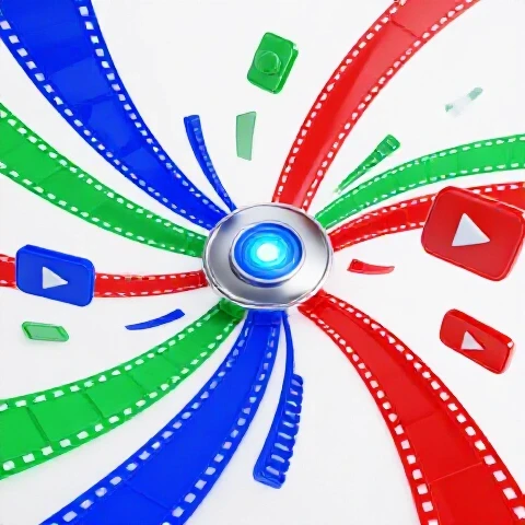 Vivid video icons and film strips radiate from a glowing hub on a bright white background, symbolizing organized creative video workflow.