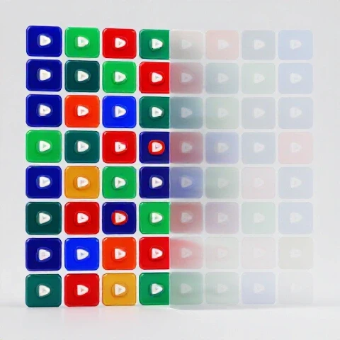 Split scene showing vibrant YouTube thumbnails on one side and faded thumbnails being swept away on the other.