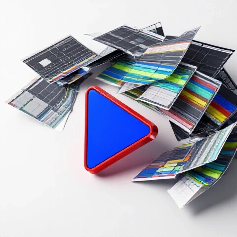 A chaotic video timeline sliced away to reveal a bold, glossy play button on a bright background.