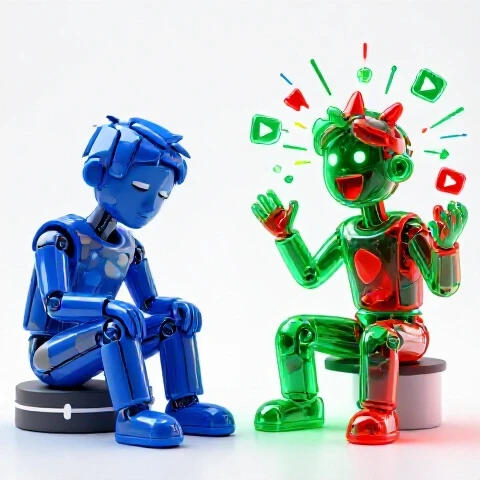 Split-screen showing a bored digital figure skipping a dull video intro and an engaged figure captivated by exciting content, contrasted with deep saturated colors on a bright studio background.