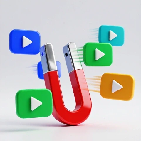A bold magnet attracting colorful YouTube play buttons with dynamic motion lines on a bright background.