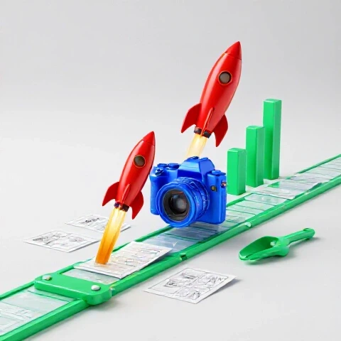 Vivid 3D assembly line of video tools transforming into rocket ships on a bright studio background