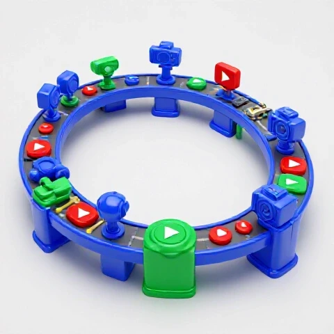 Assembly line of vibrant video elements like cameras, play buttons, and editing tools on a bright background