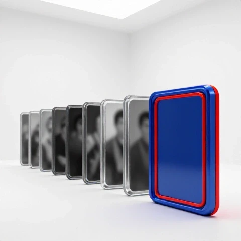 Row of fading monochrome video thumbnails with one vivid, standout thumbnail on a bright white background