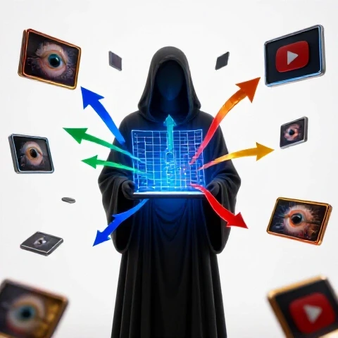 Abstract figure examines a glowing blueprint of trending YouTube thumbnails with vibrant arrows in a bright studio setting.