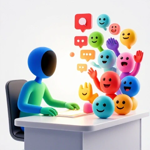 Split scene: avatar engaging with glowing notifications opposite diverse avatars leaning in to interact, vivid and bright.