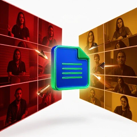 Glowing blog post icon transforming into vibrant video thumbnails with dynamic arrows on a bright studio background