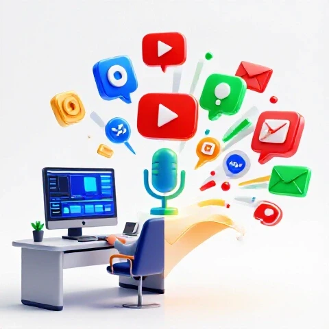 Dynamic split-screen showing video editing workspace beside vibrant business platform icons for content growth.