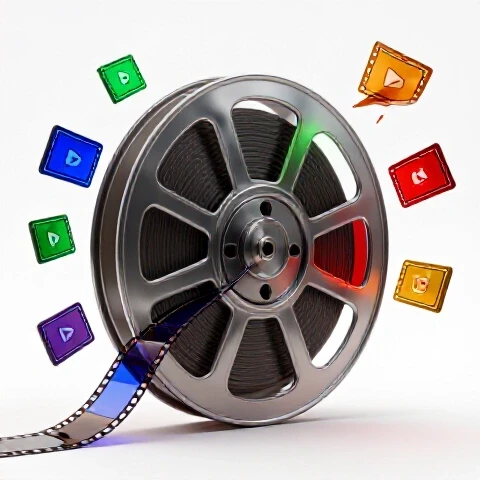 A glowing video reel unravels into vibrant, colorful video clips on a bright studio background.