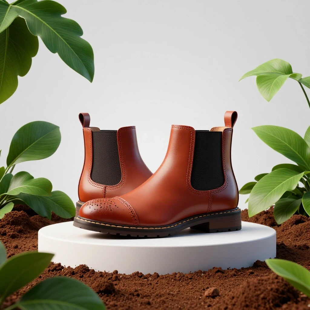 A vibrant resoleable Chelsea boot on a pedestal surrounded by leaves and earth, emphasizing sustainability and craftsmanship.