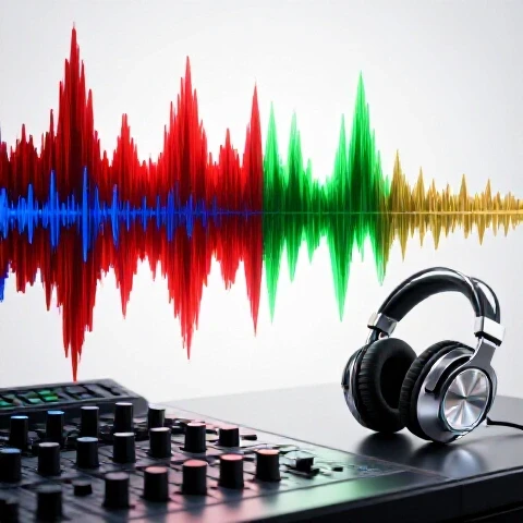 A split-screen image shows a chaotic red and blue waveform transforming into a smooth glowing wave passing through sleek studio headphones and a metallic mixing console on a bright white background.