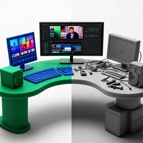 Split-screen image showing a colorful streamlined video editing setup contrasted with a cluttered grayscale workspace.