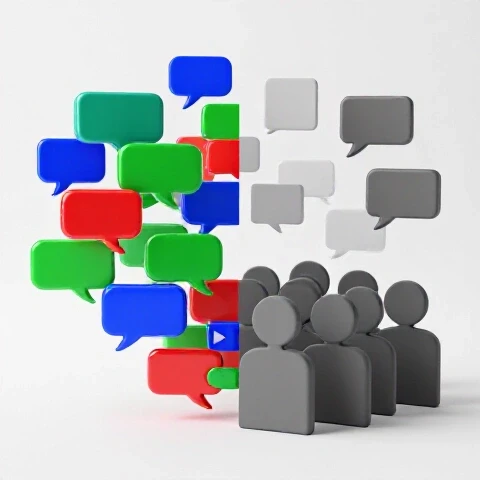 Split scene with vibrant comment bubbles and a lively video icon contrasted by a dull, disengaged audience on a bright background.