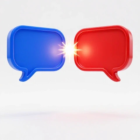 Two vibrant speech bubbles separated by a glowing spark against a bright white background, symbolizing re-igniting conversation