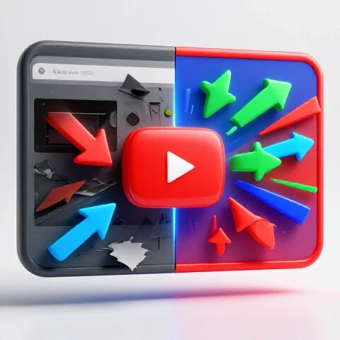 Dramatic split of an old, faded YouTube interface transforming into a vibrant, colorful version with dynamic arrows showing rapid restoration.