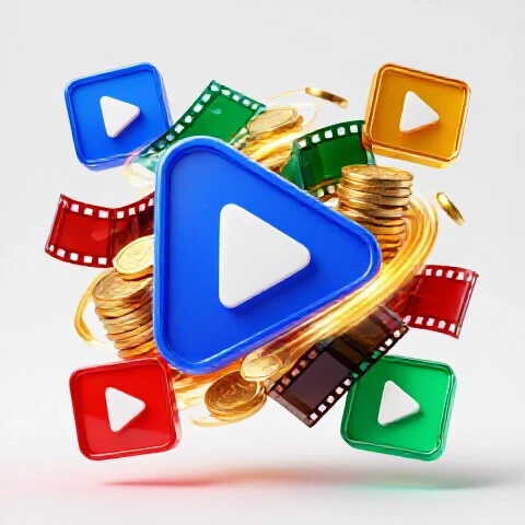 Glossy video icons and filmstrips rapidly transforming into stacks of gold coins on a bright background