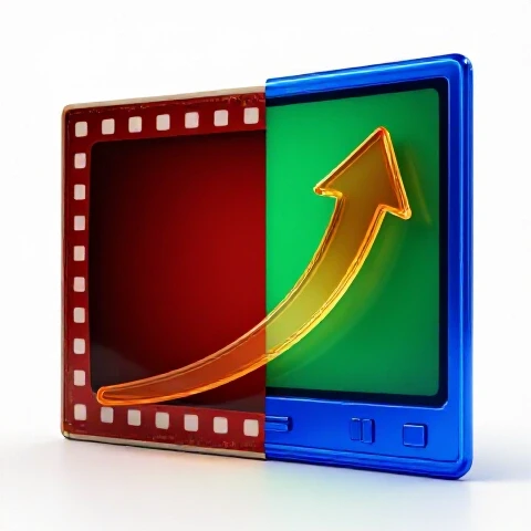 Dynamic split scene showing a vintage video frame transforming into a vibrant modern video, connected by an upward arrow symbolizing growth.