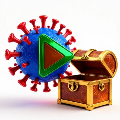 Split-screen image of a vibrant viral video play button and a glowing unopened treasure chest on white background.