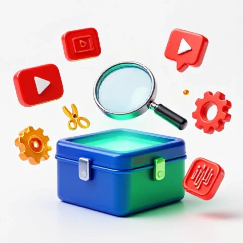 Magnifying glass hovering over a glowing digital toolkit surrounded by vivid video icons, on a bright studio background