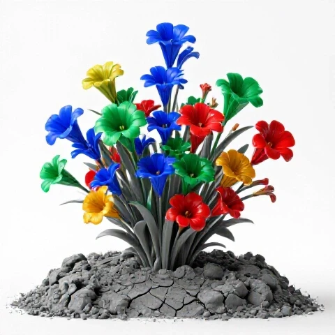 Vibrant flowers erupt from a gray, withered garden bed in a bright studio setting, symbolizing renewal.