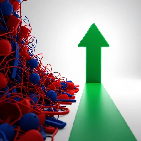 Split path with chaotic objects on one side and a clear, bright upward arrow on the other symbolizing goal clarity