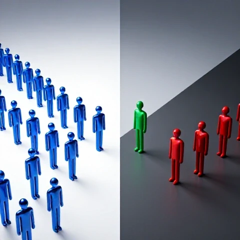 Forked path scene with identical blue figures on a bright side and a single distinct colored figure hesitating on a shadowed path, highlighting choice tension.