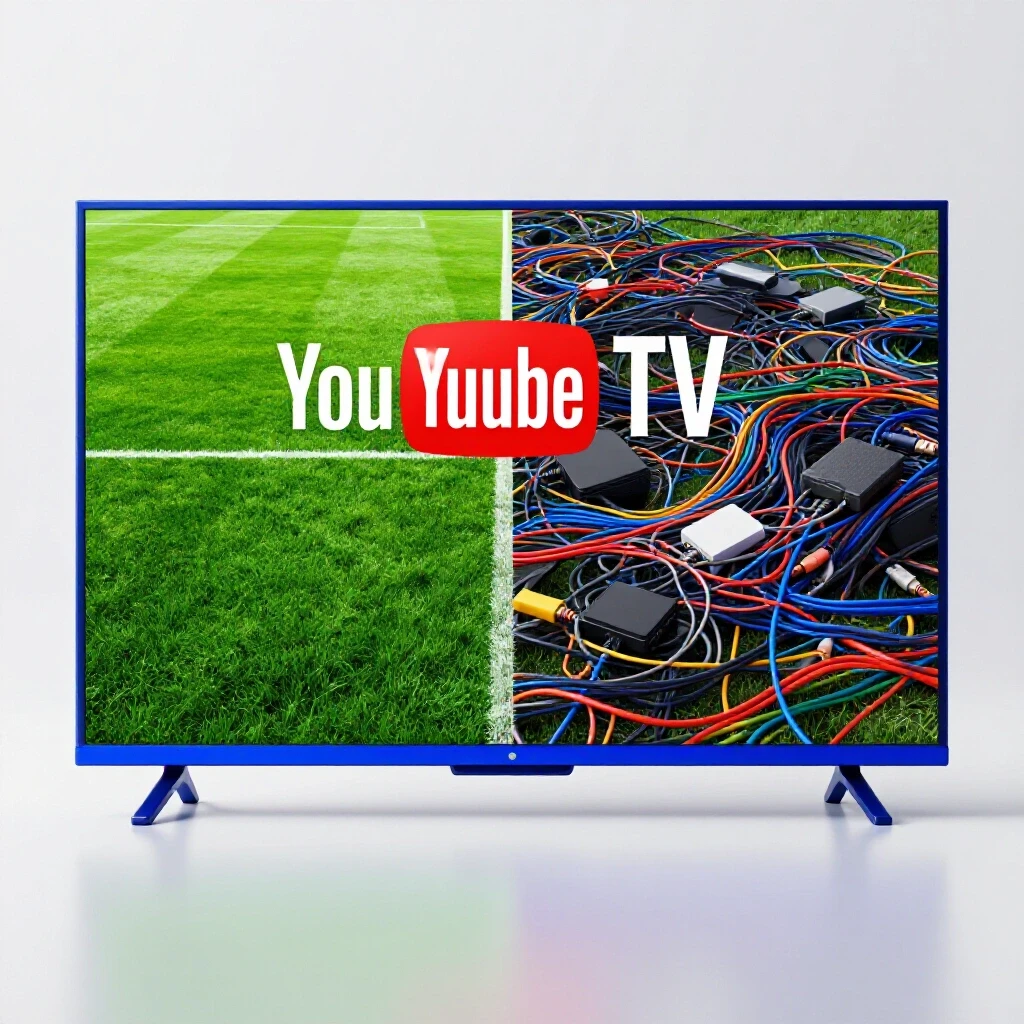 A large YouTube TV screen showing a split view of a green sports field and tangled cables, set against a bright studio background.