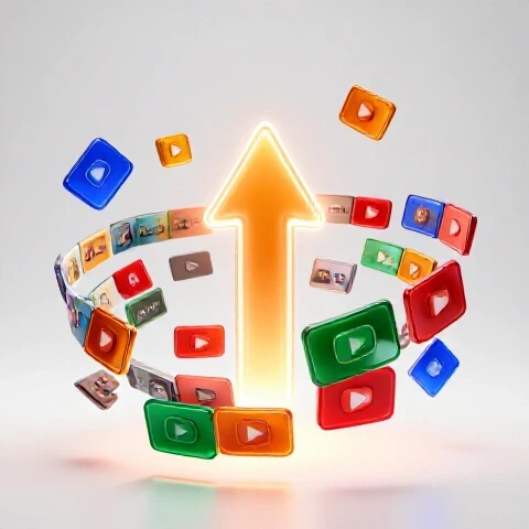 Vivid video thumbnails orbiting a glowing upward arrow on a bright background, symbolizing channel growth