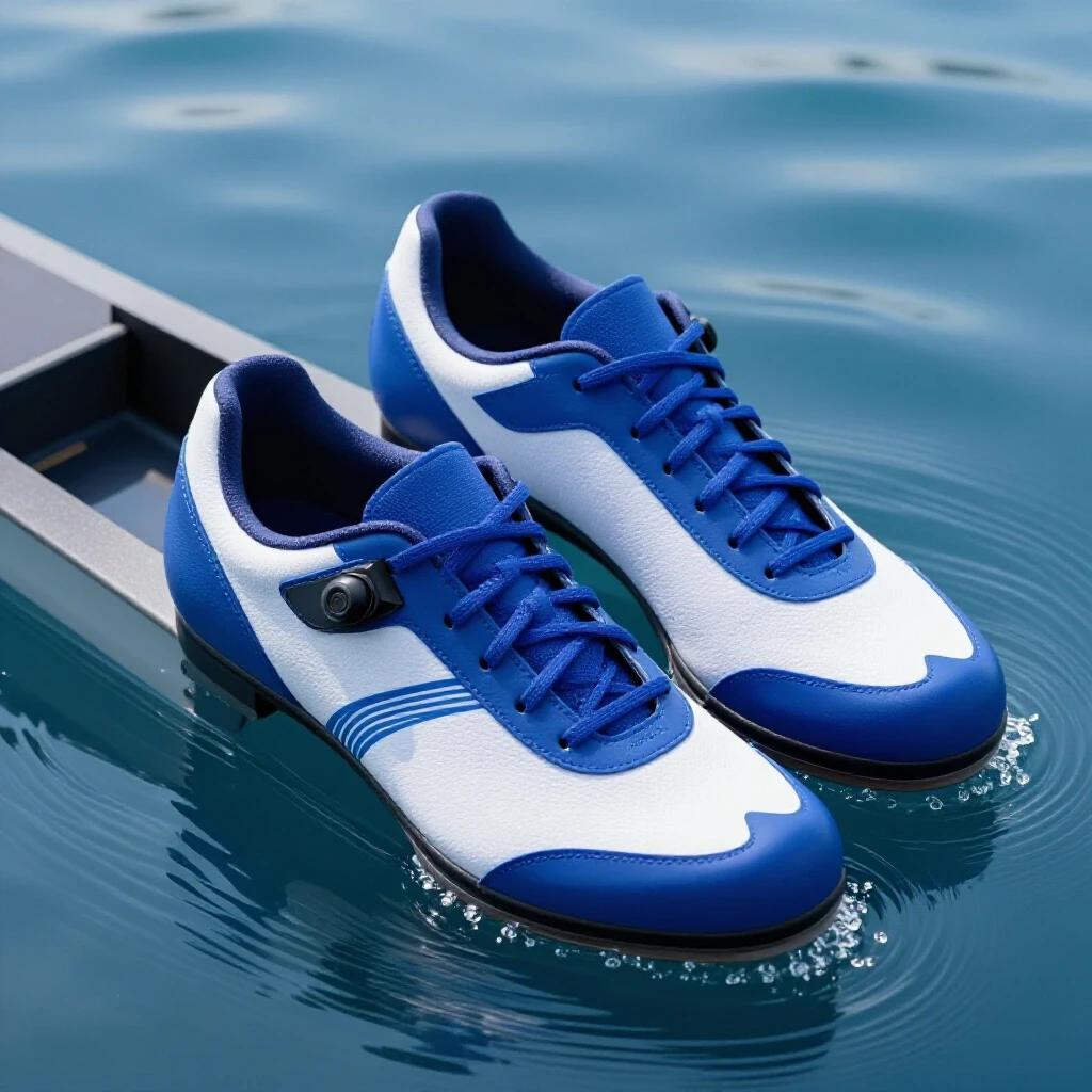 Sleek high-performance rowing shoes on a vibrant water surface with ripples, creating a dynamic visual impact.