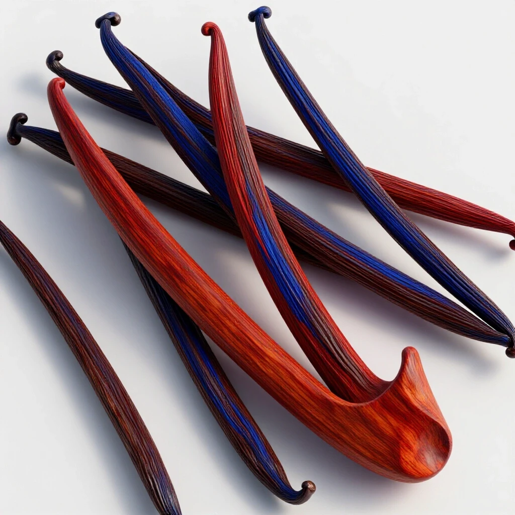 Close-up of sandalwood intertwined with vanilla beans, featuring rich colors and a bright studio background.