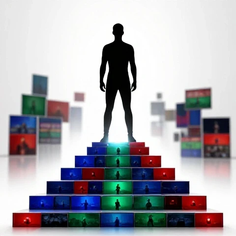 Abstract figure standing atop ascending colorful video thumbnails with glowing spotlight, blurred competitors in background