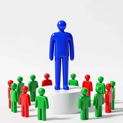 Vivid blue figure casts a shadow transforming into a group of colored figures on a bright white background