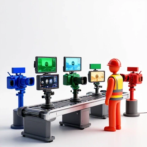 Vibrant assembly line with glossy cameras and screens displaying evolving video thumbnails, overseen by a safety figure in bright gear, set against a luminous studio background.