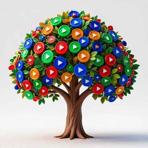 A dynamic tree made of colorful video play buttons, branching outward on a bright luminous background