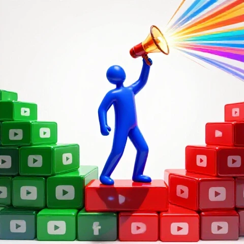 A figure stands atop a staircase of vivid video thumbnails reaching for a glowing megaphone emitting colorful soundwaves.