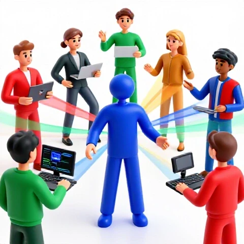 Central creator icon coordinates diverse avatars in vibrant colors with dynamic connecting lines on a bright background.
