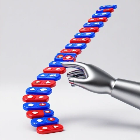 A stylized metallic hand guides vibrant video thumbnails up brightly colored play button stairs, symbolizing YouTube channel growth.