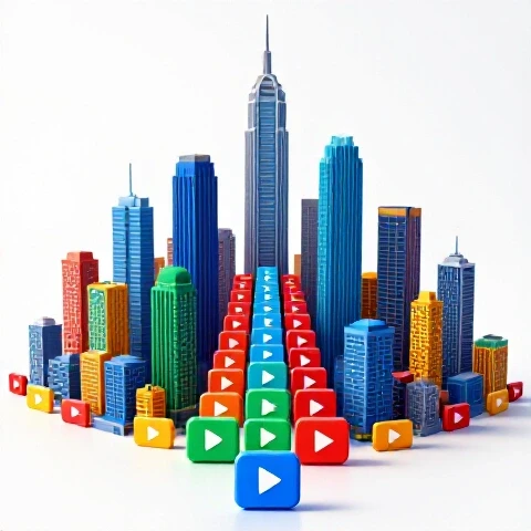 Vibrant video play icons morphing into colorful skyscrapers along a rising path on a bright background.