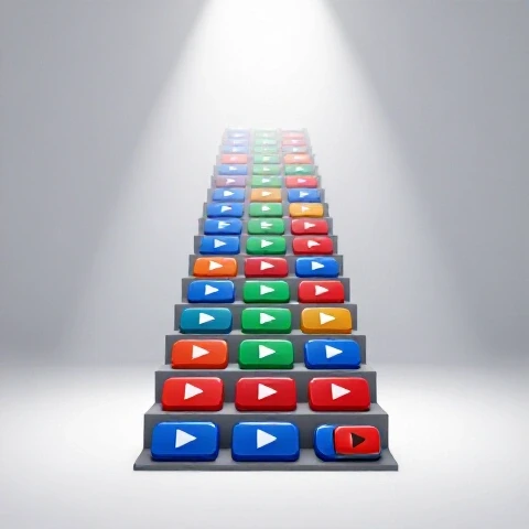 Staircase made of colorful video play buttons ascending toward a bright spotlight on a luminous white background