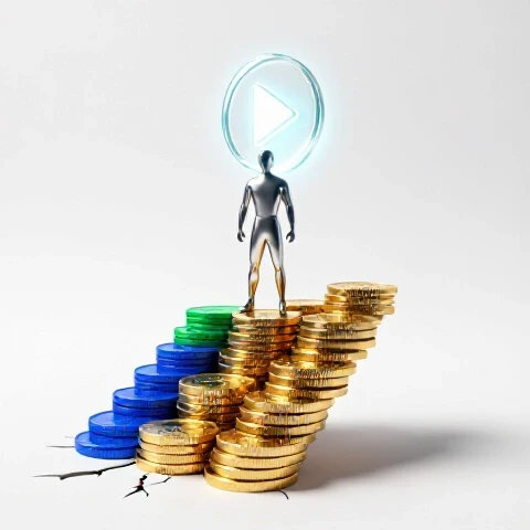 A metallic creator silhouette stands atop golden coin stairs reaching for a glowing play button, with financial pitfalls below.