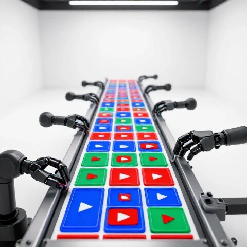 Colorful video thumbnails assembled by mechanical artisan hands on a bright assembly line, with detailed thumbnails in the foreground and blurred ones receding into the background, all in a luminous white studio setting.