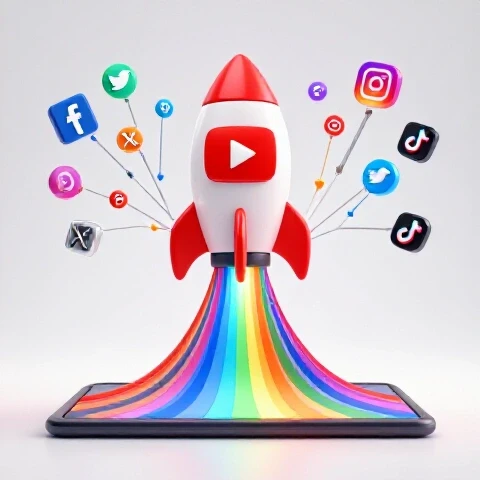 Rocket-shaped YouTube play button launches from a screen, trailing colorful streams to social icons