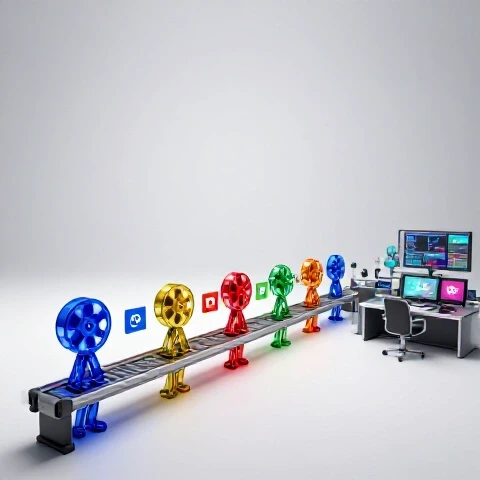Dynamic assembly line of video creators passing glowing film reels in a bright editing studio setting