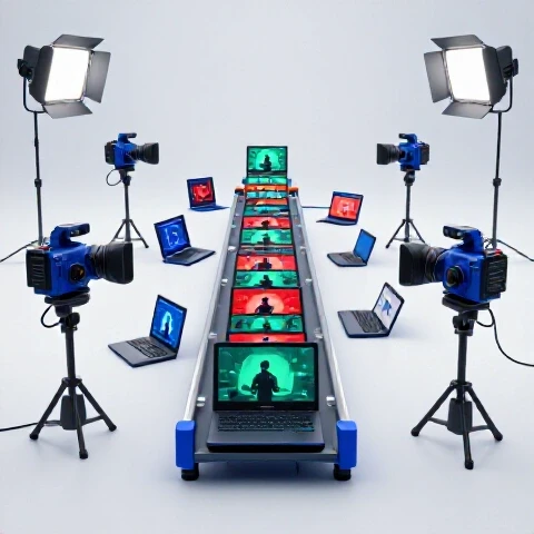Assembly line of cameras, lights, and laptops rapidly generating video thumbnails on a bright background.