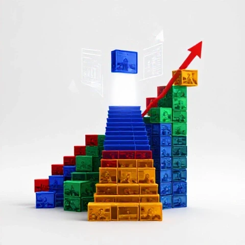 Vibrant staircase of video thumbnails ascending to a spotlighted top, with data charts and arrows symbolizing YouTube growth.