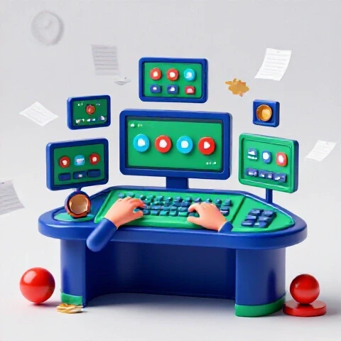A vibrant, modern control desk with multiple video screens and calming symbols in bright studio lighting, showing balance amidst chaos.